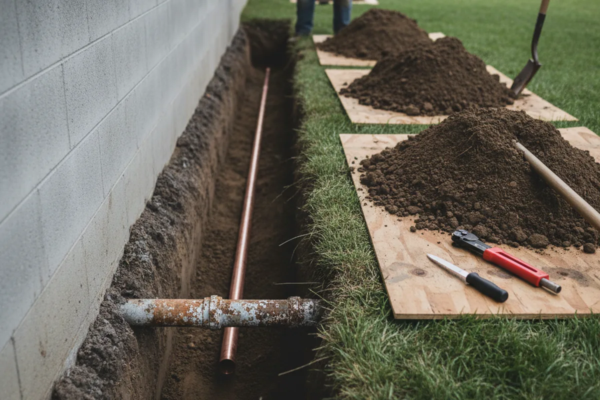Excavated water line trench during Water Softener Installation in North Salem